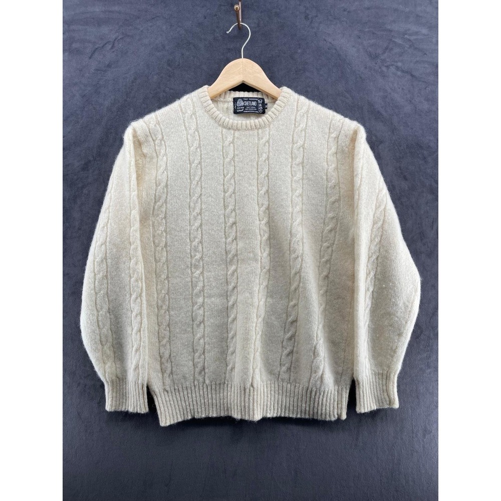 Vintage Shetland Wool Sweater Mens Cream Cable Knit Pure New Wool S M Tag XL